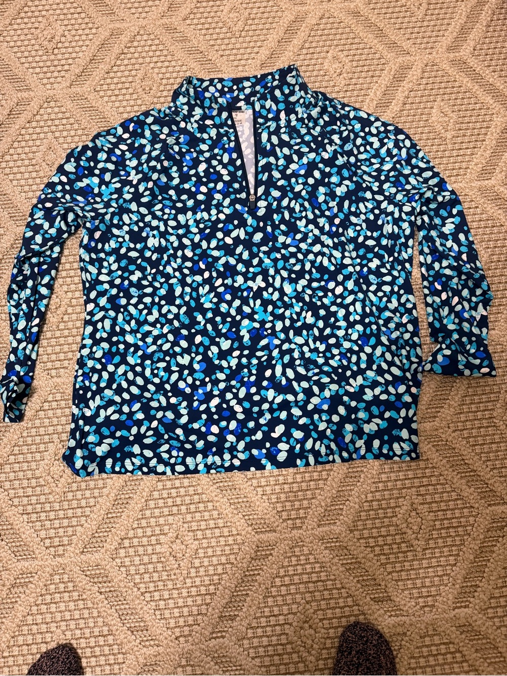 Lands End  XXL Womens Navy Blue & Aqua Print V-Neck Pullover Top rash guard